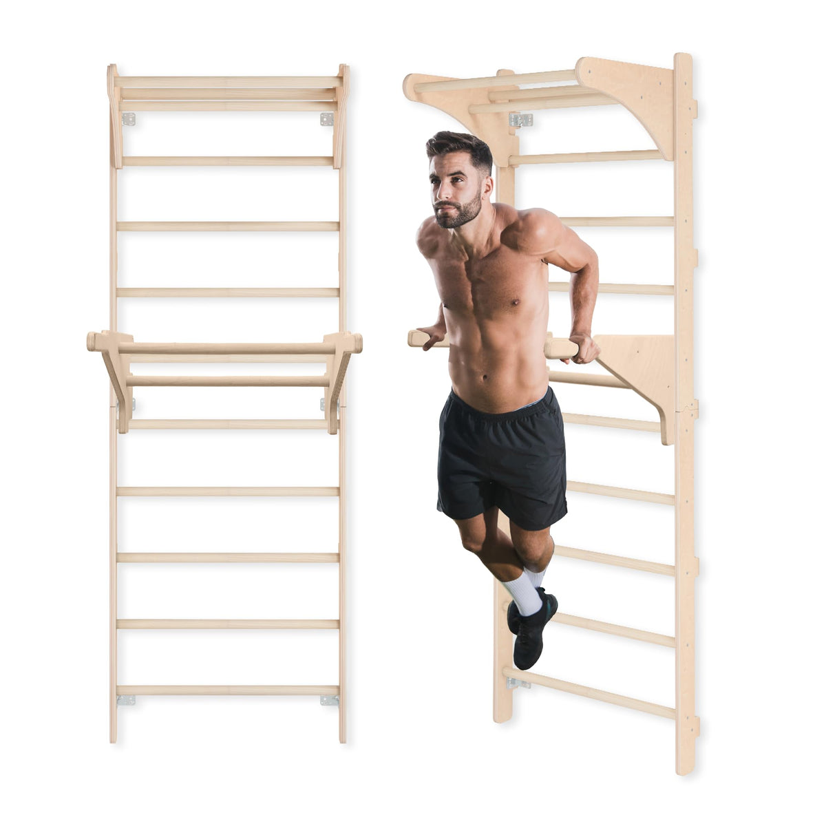 Sprossenwand mit Klimmzugstange für Erwachsene, 230 cm, Holz-Kletterwand mit verstellbaren Dip-Barren und Turnringen, Wandmontage