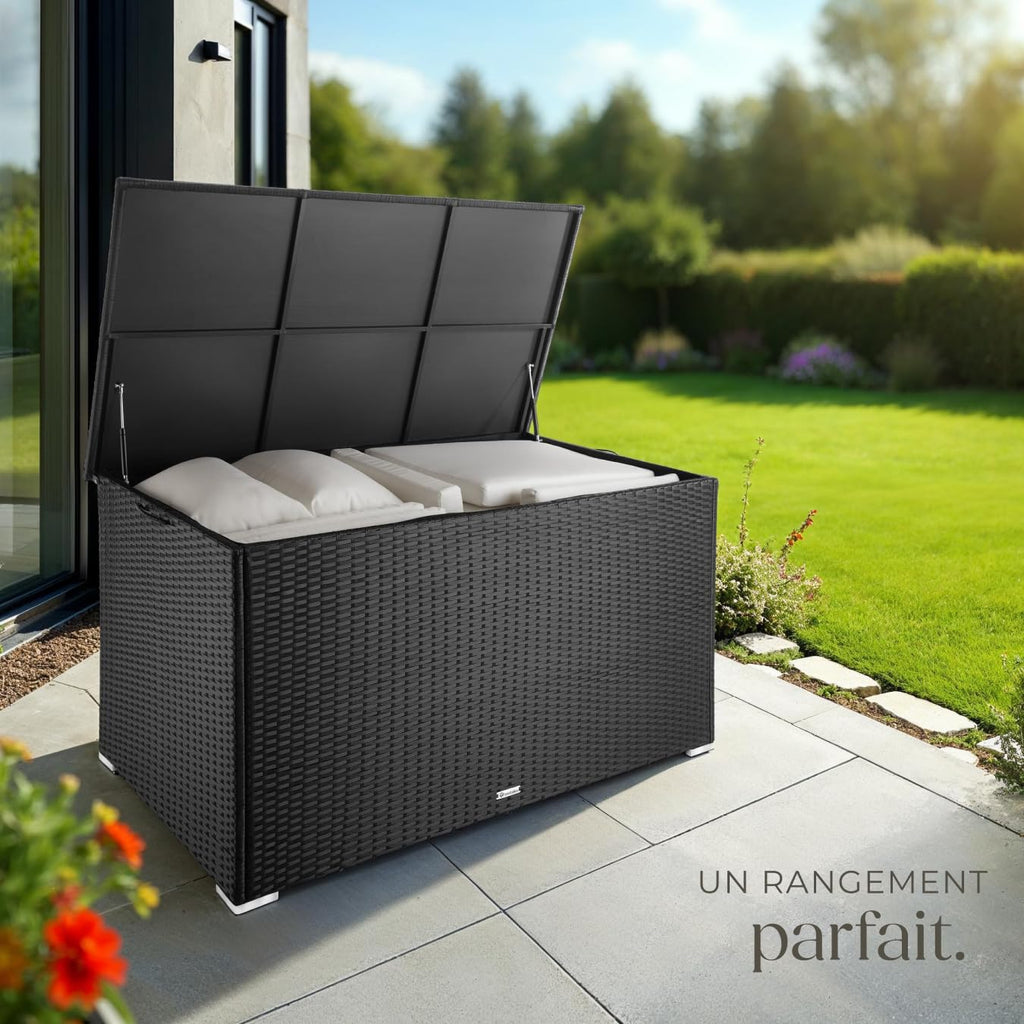 Coffre de jardin rangement extérieur polyrotin 750 L aluminium 145 x 82,5 x 79,5 cm couvercle rabattable