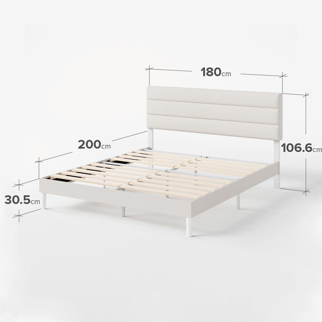 Polsterbett 180x200 cm mit gepolstertem Kopfteil und Lattenrost aus Holz, cremeweiß