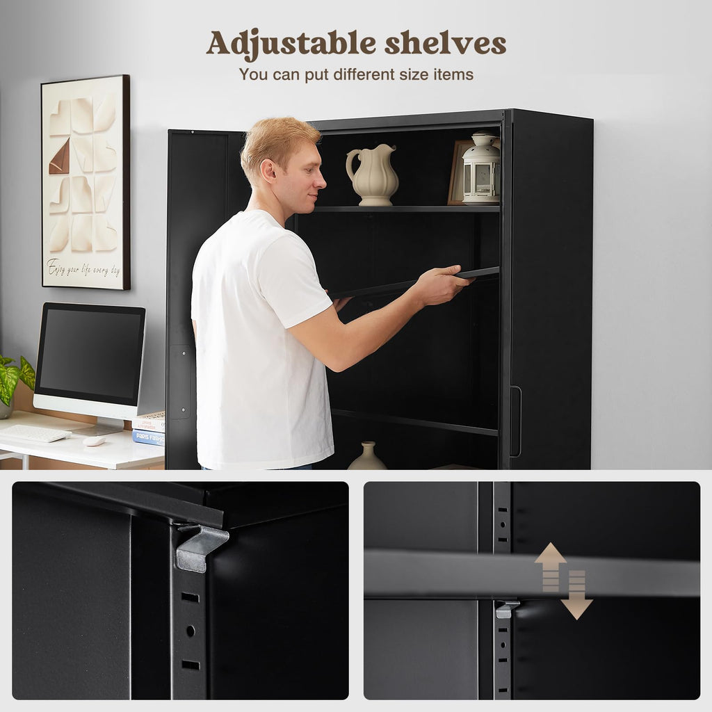 Aktenschrank abschließbar mit 2 Türen und 4 verstellbaren Einlegeböden, Stahlschrank 170x78x39 cm in Schwarz
