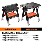 Klappbare 2-in-1 Werkbank und Sägebock 454 kg Belastbarkeit mit 4 Schraubzwingen 6-fach höhenverstellbar
