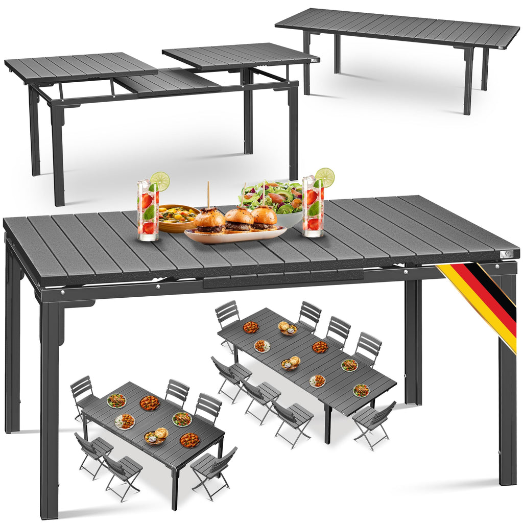 Ausziehbarer Gartentisch 180 bis 240 x 90 cm für 6 bis 8 Personen mit Stahlgestell und HDPE-Tischplatte