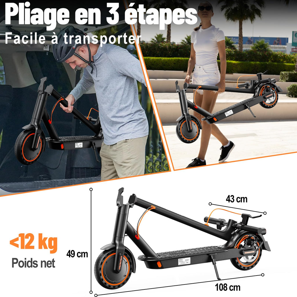 Trottinette électrique adulte T3 350W 36V 7.8Ah 25 km/h pliable pneus nid d'abeille autonomie 35 km charge 120 kg