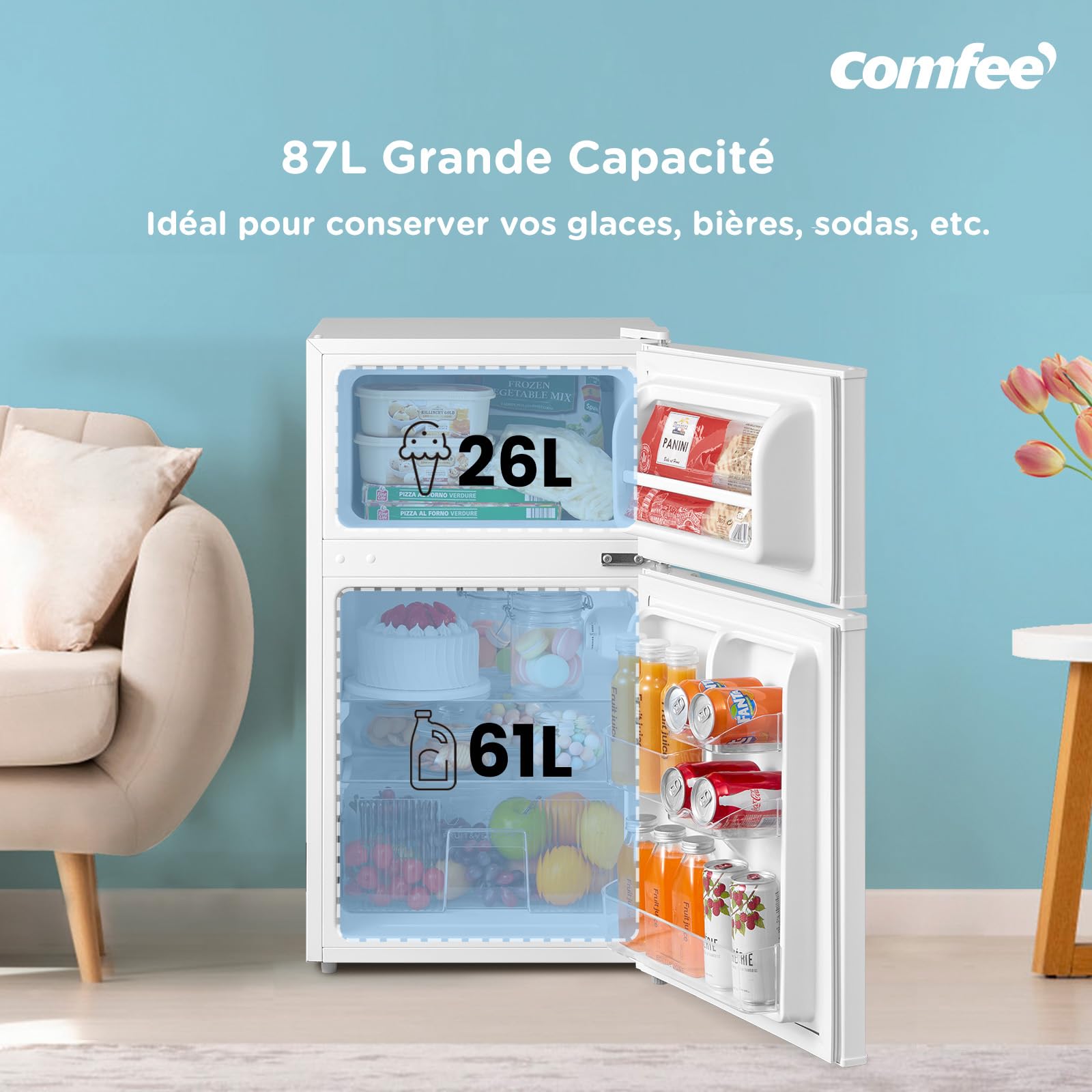 Réfrigérateur Congélateur Combiné 87L RCT87WH2(E) 2 Portes Avec Éclairage Intérieur et Porte Réversible