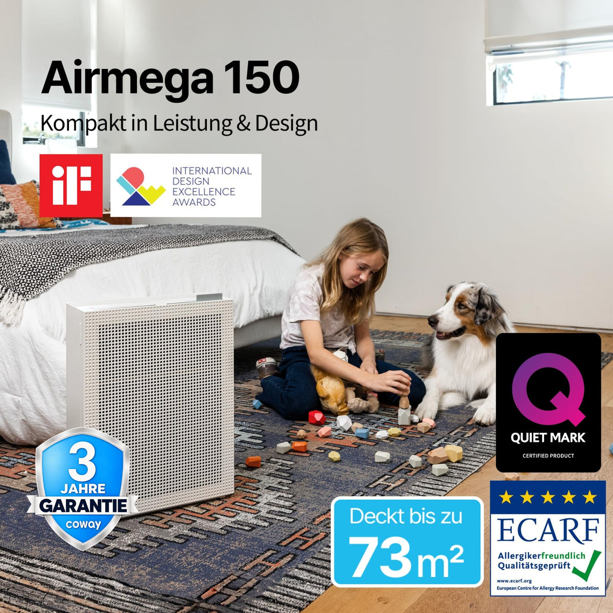 Luftreiniger für Schlafzimmer und Allergiker AIRMEGA 150 mit HEPA-Filter, 281 m³/h CADR, weiß