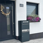 Paketbox mit Briefkasten Bispo 2 in Anthrazit, abschließbarer Standbriefkasten aus Edelstahl mit Paketfach und Gravur