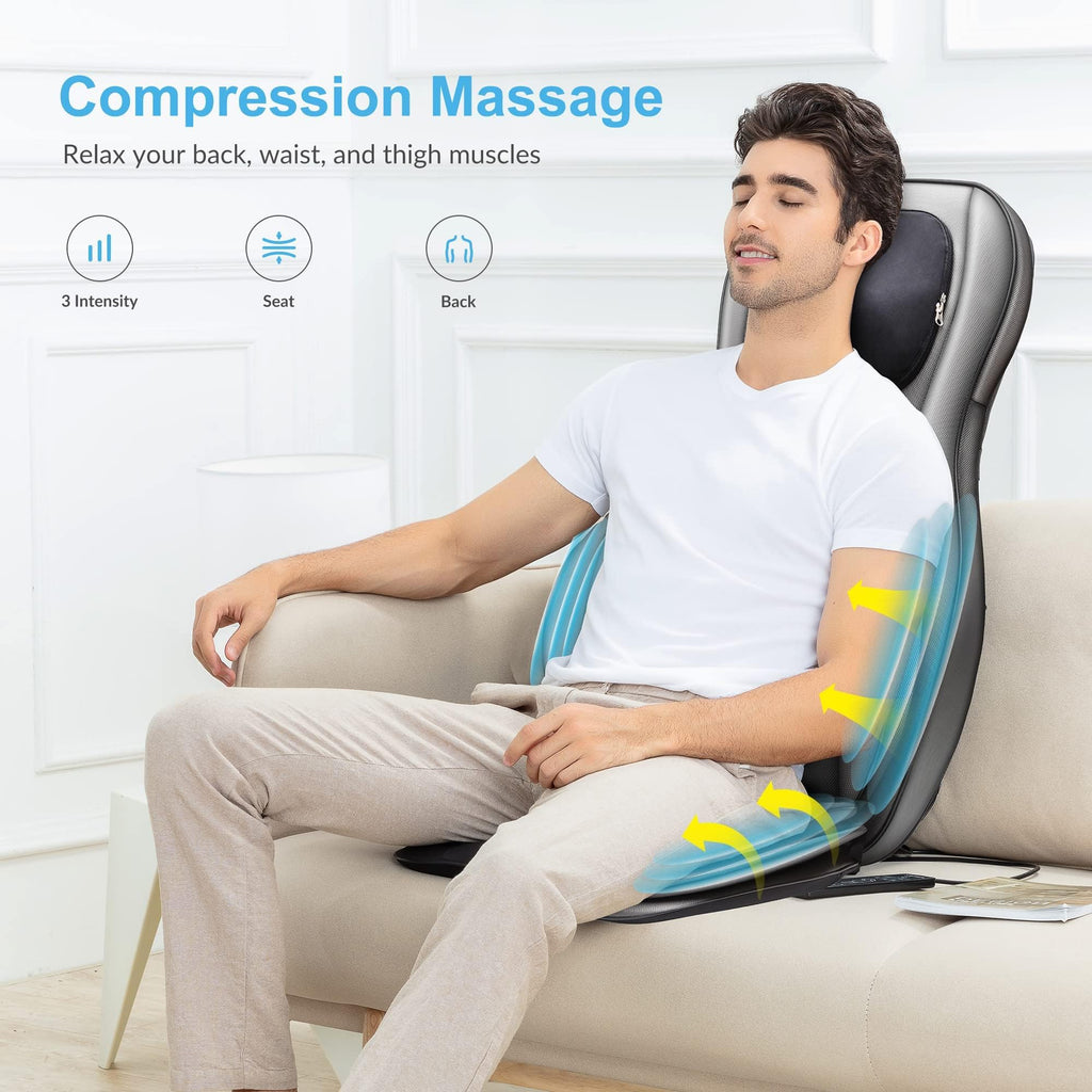 Shiatsu-Massagesitzauflage für Rücken und Nacken mit Wärme, 2D/3D-Knetmassage und Luftkompression