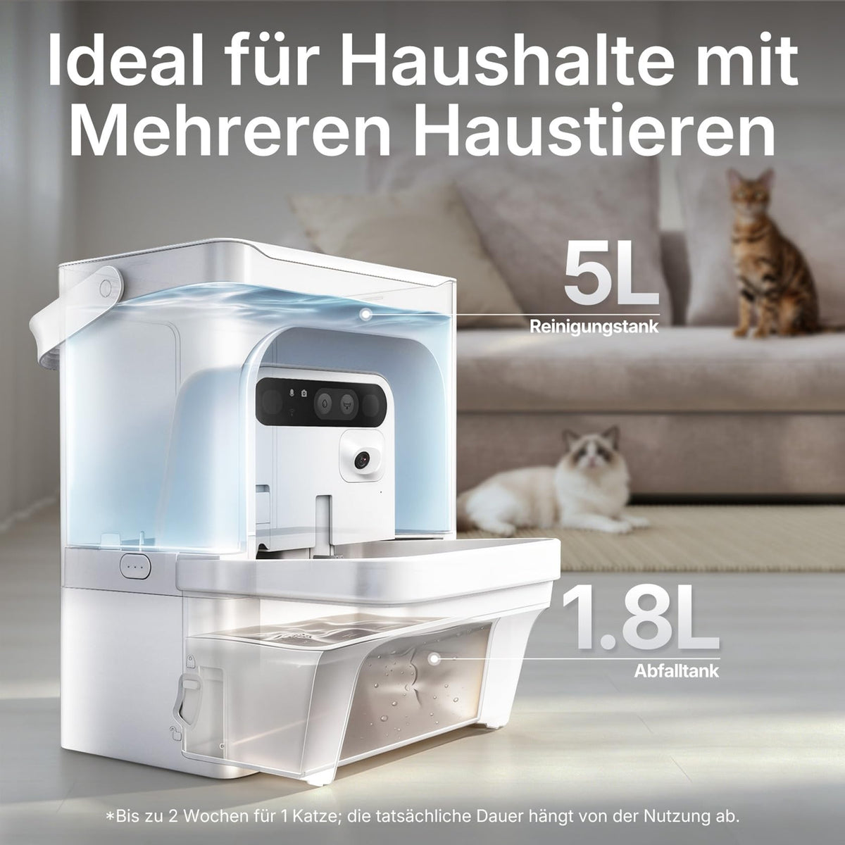 Katzen Trinkbrunnen EverSweet Ultra 5 L mit KI-Kamera Frisch- und Abwassertrennung App-Steuerung 2,4 und 5 GHz WLAN