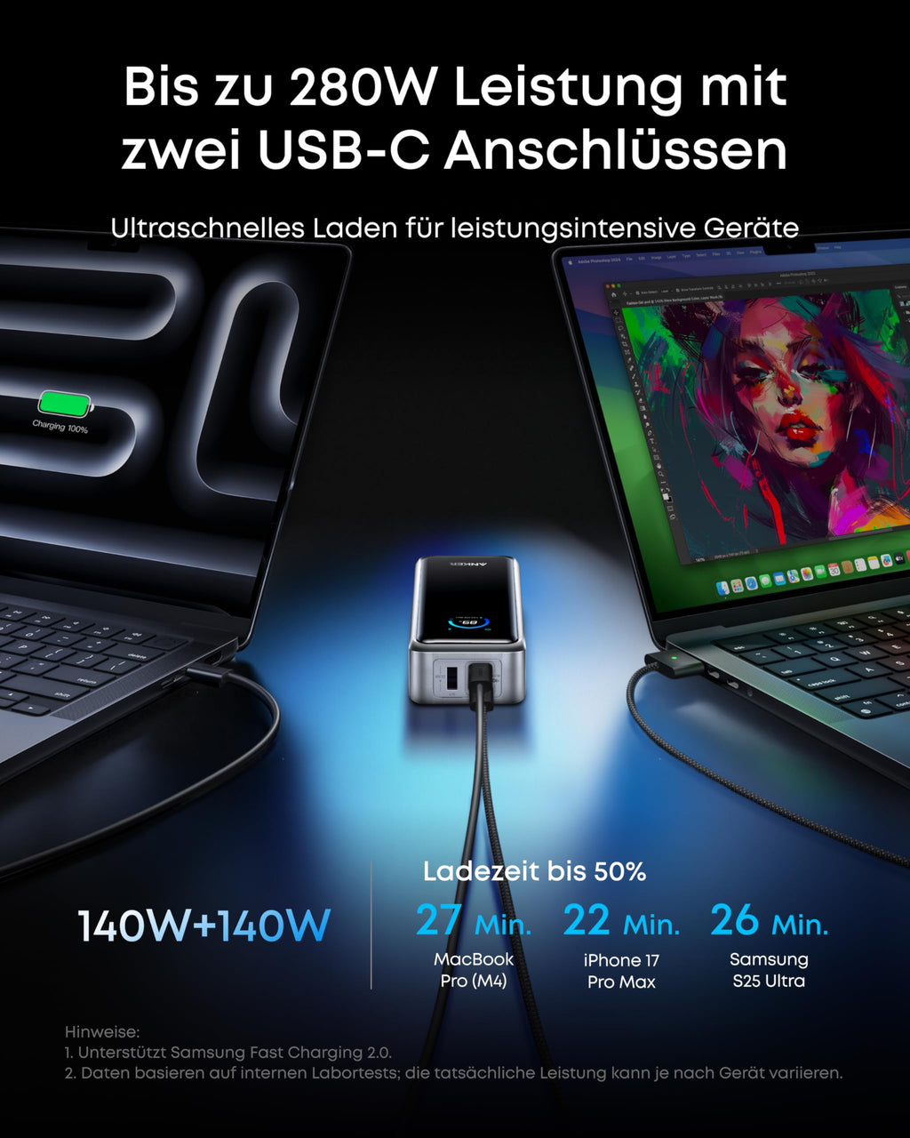 Powerbank 26250 mAh 300 W Maximalleistung 140 W USB-C Schnellladung bidirektionales Laden mit Display 99,75 Wh