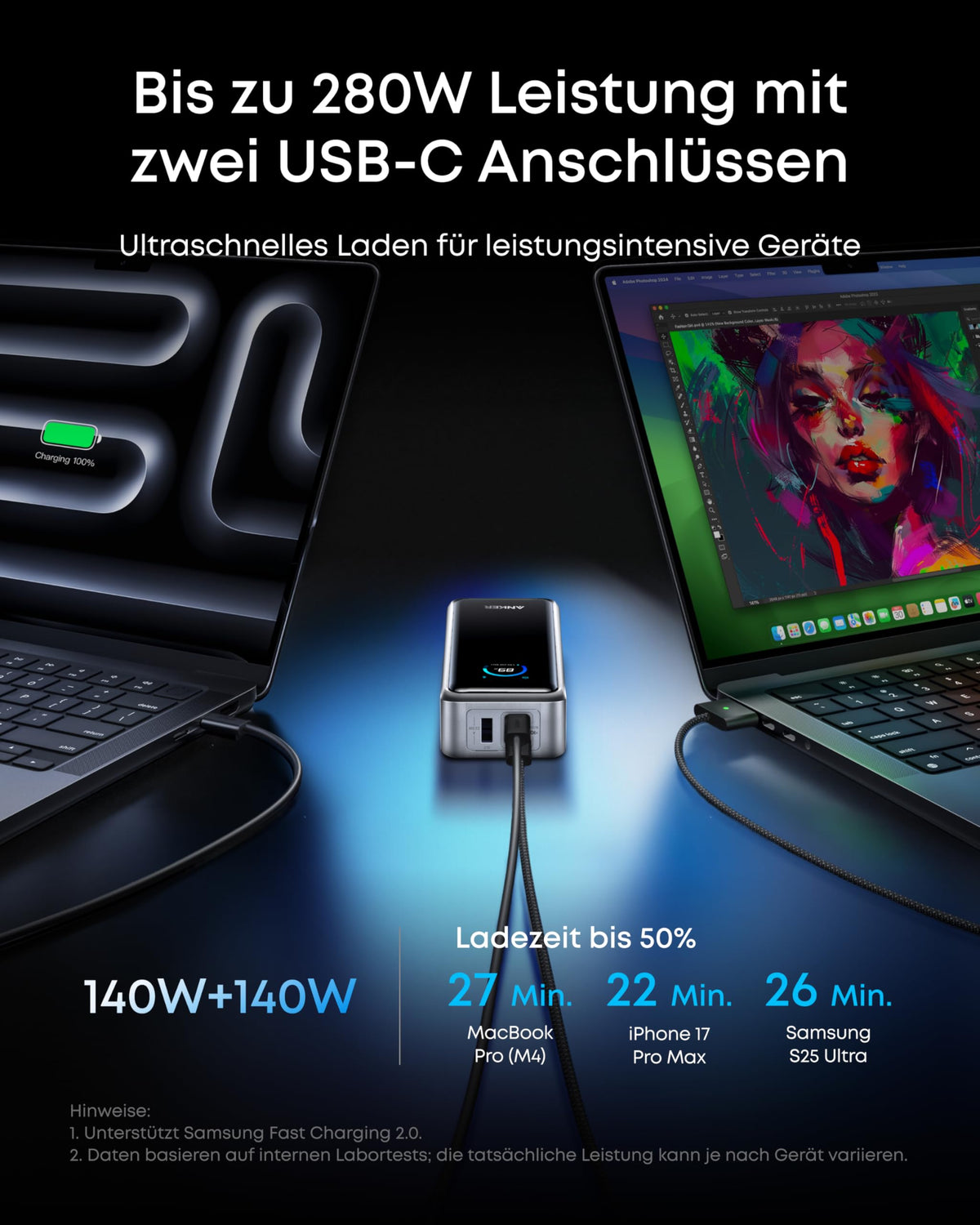 Powerbank 26250 mAh 300 W Maximalleistung 140 W USB-C Schnellladung bidirektionales Laden mit Display 99,75 Wh