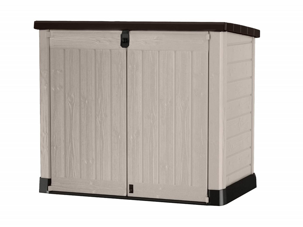 Abri poubelle extérieur 1200 litres en polypropylène imitation lattes de bois avec plancher porte verrouillable dimensions 145,5 x 82 x 123 cm
