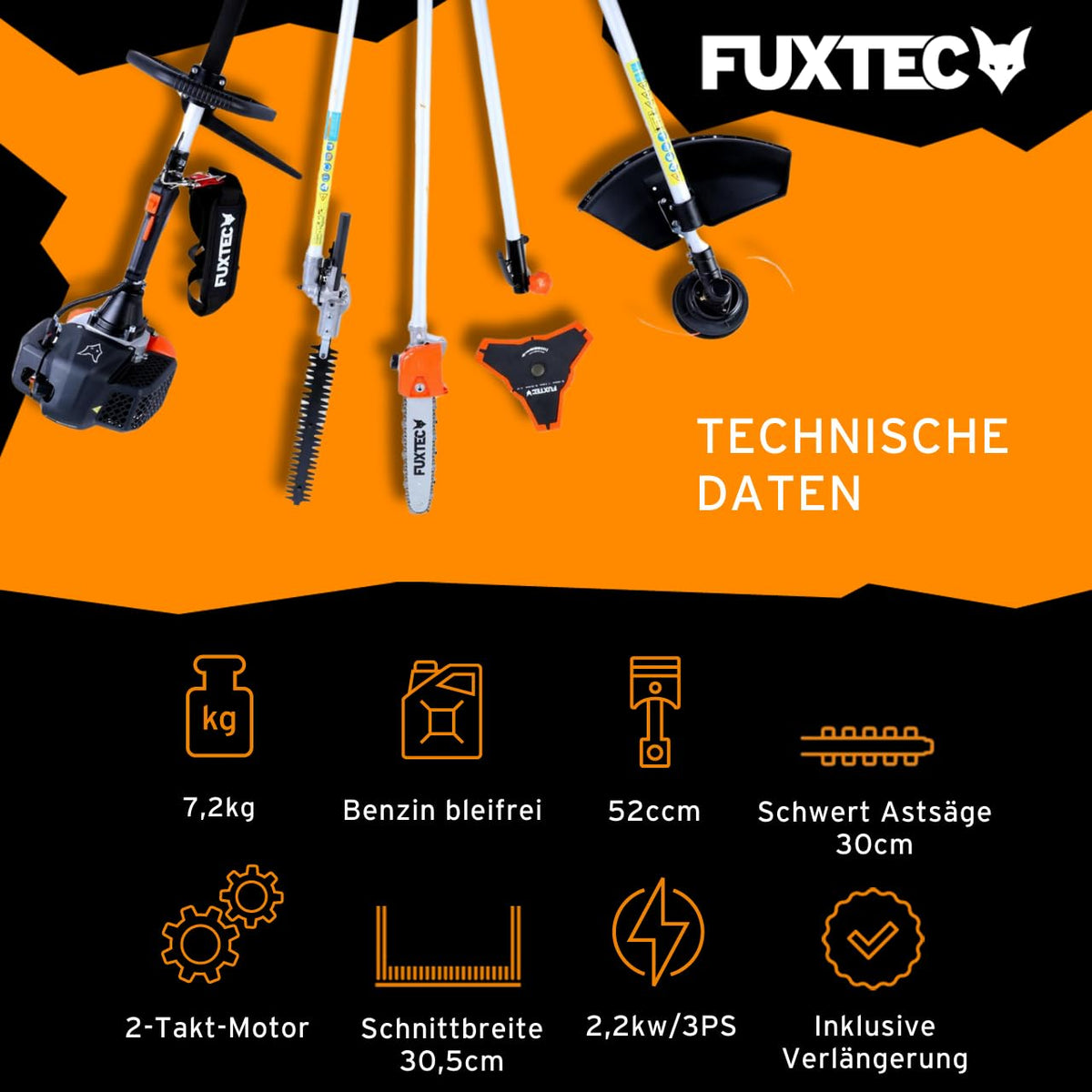 Benzin Motorsense 5in1 Multitool 52 ccm 3 PS mit Heckenschere, Hochentaster, Doppelfadenkopf und 3-Zahn-Messer