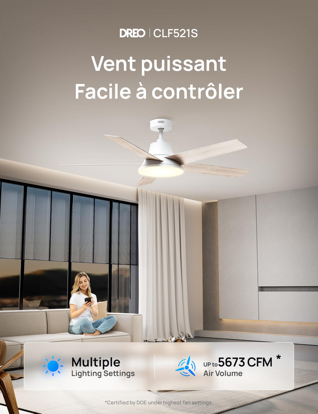 Ventilateur de plafond intelligent 132 cm avec lumière LED dimmable 12 vitesses moteur DC télécommande et contrôle APP
