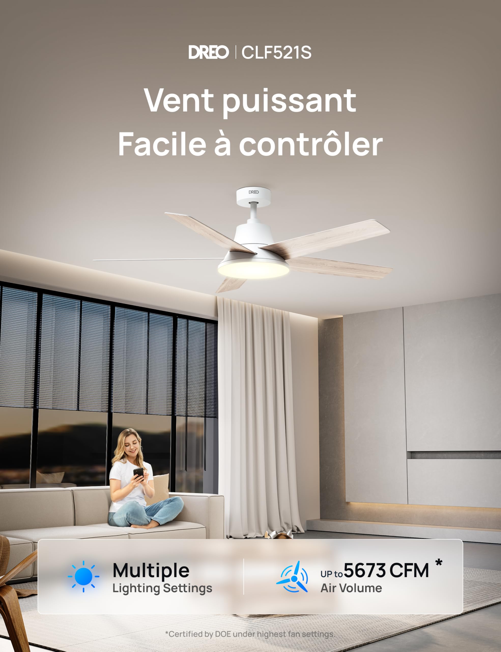 Ventilateur de plafond intelligent 132 cm avec lumière LED dimmable 12 vitesses moteur DC télécommande et contrôle APP