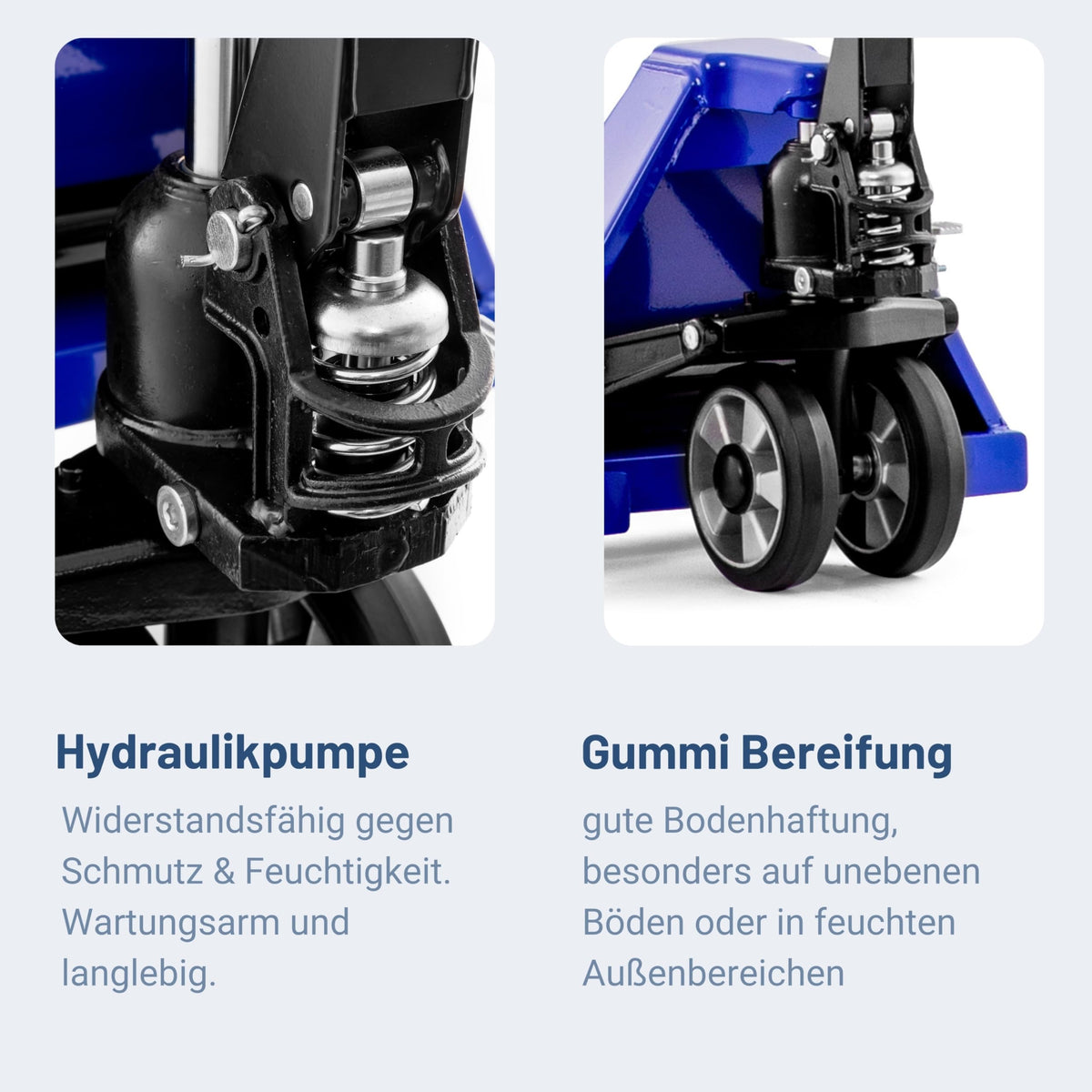 Hubwagen 2500 kg aus Stahl mit 1150 mm Gabellänge und Polyurethan-Lenkrädern für Euro-Paletten