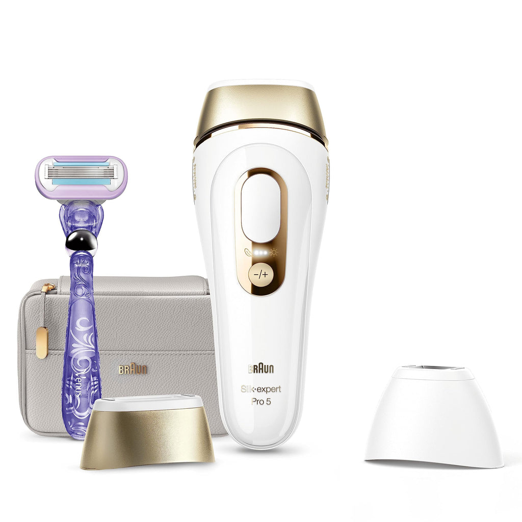 Épilateur lumière pulsée Silk·Expert Pro 5 PL5157 Blanc Doré avec rasoir Venus et têtes spécifiques