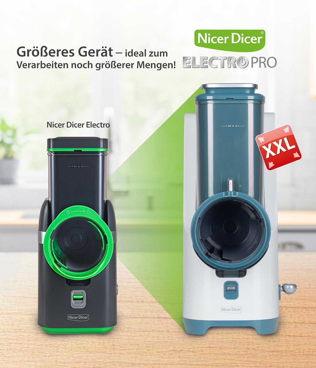 Elektrischer Gemüseschneider Nicer Dicer Electro PRO Set 32-teilig in Sage mit 9 Einsätzen zum Reiben, Hobeln, Würfeln und Schneiden