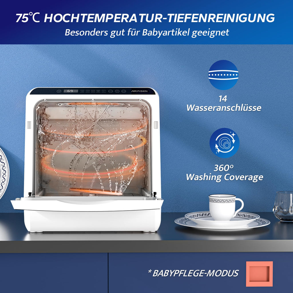 Tischgeschirrspüler mit 5+1 Programmen, 5-L-Wassertank und 360°-Reinigung, 45,8 cm breit