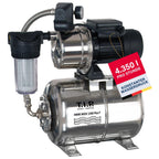 Hauswasserwerk HWW INOX 1300 Plus F mit Edelstahl-Druckkessel, 1200 W Jet-Pumpe, 4350 l/h, 50 m Förderhöhe und Vorfilter