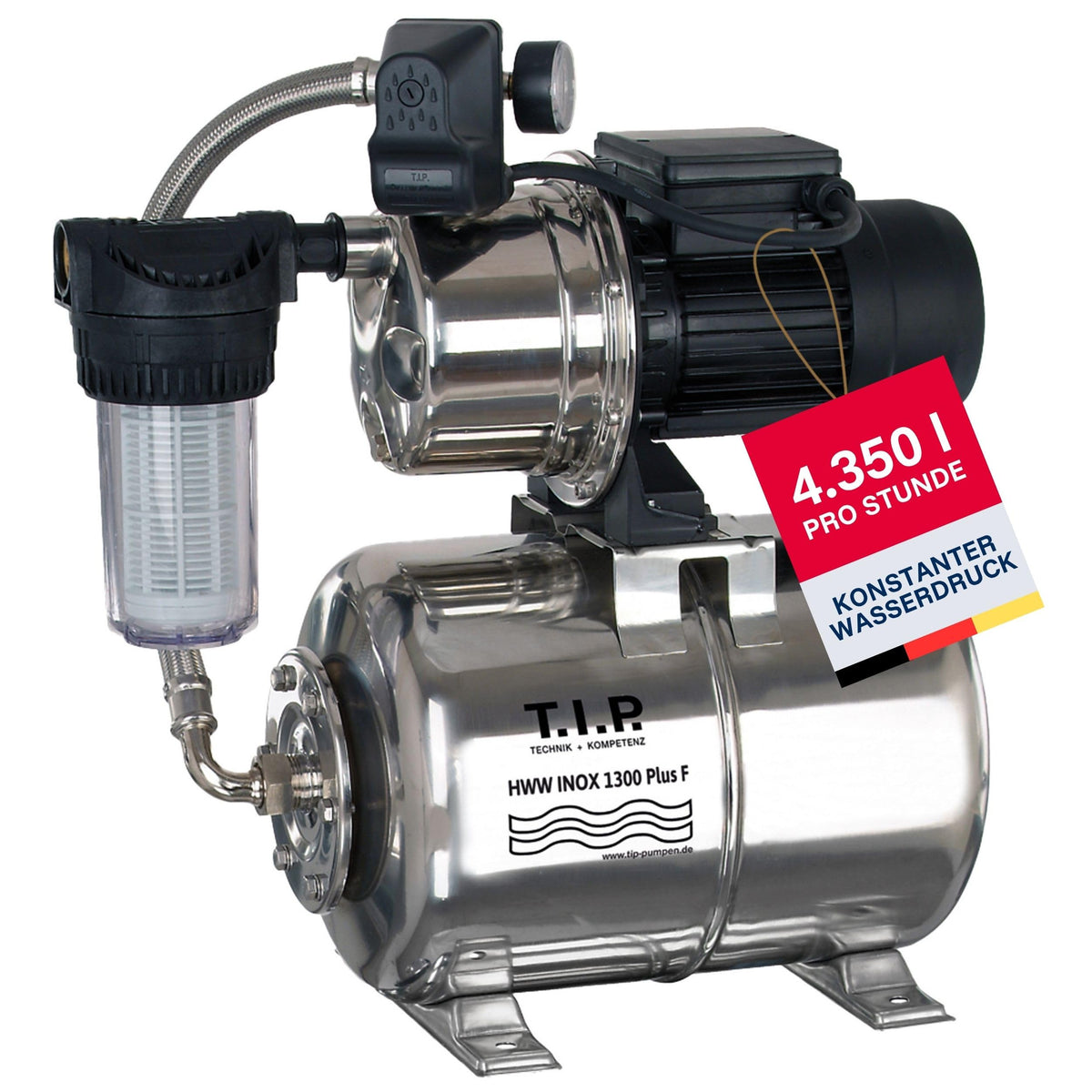 Hauswasserwerk HWW INOX 1300 Plus F mit Edelstahl-Druckkessel, 1200 W Jet-Pumpe, 4350 l/h, 50 m Förderhöhe und Vorfilter