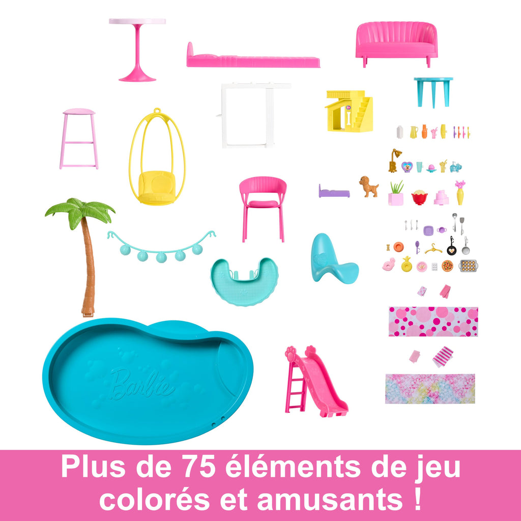 Maison de poupée enfant design 3 niveaux avec 10 espaces de jeu piscine toboggan ascenseur et 75 accessoires modèle HMX10
