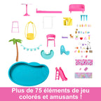 Maison de poupée enfant design 3 niveaux avec 10 espaces de jeu piscine toboggan ascenseur et 75 accessoires modèle HMX10