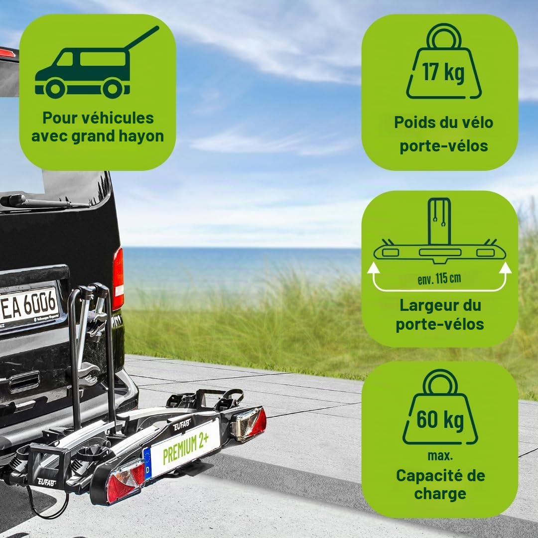 Porte-vélos arrière 11523 Premium II Plus pour attelage de remorque 2 vélos charge maximale 60 kg