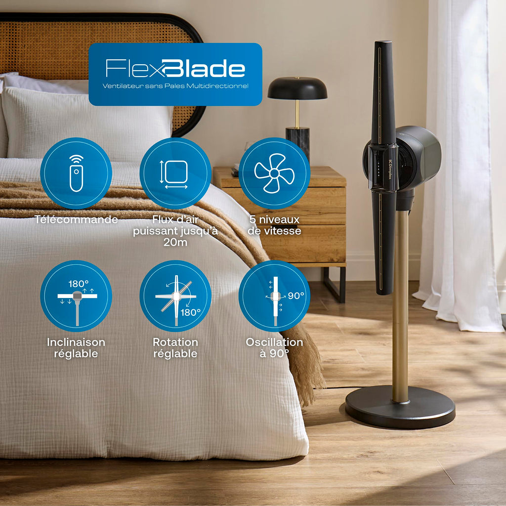 Ventilateur sans pales FlexBlade sur pied double direction oscillation 90° 5 vitesses minuterie télécommande magnétique