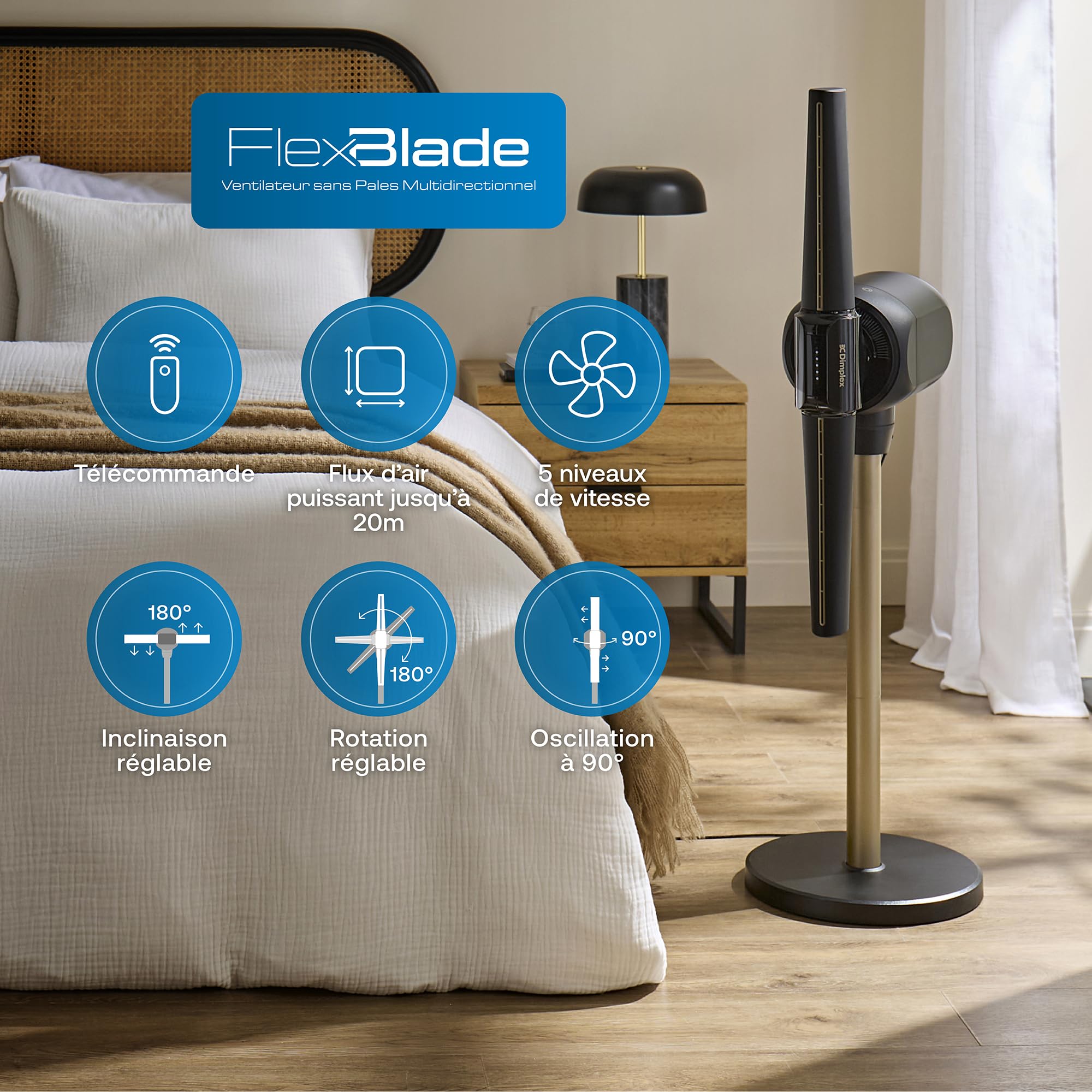 Ventilateur sans pales FlexBlade sur pied double direction oscillation 90° 5 vitesses minuterie télécommande magnétique