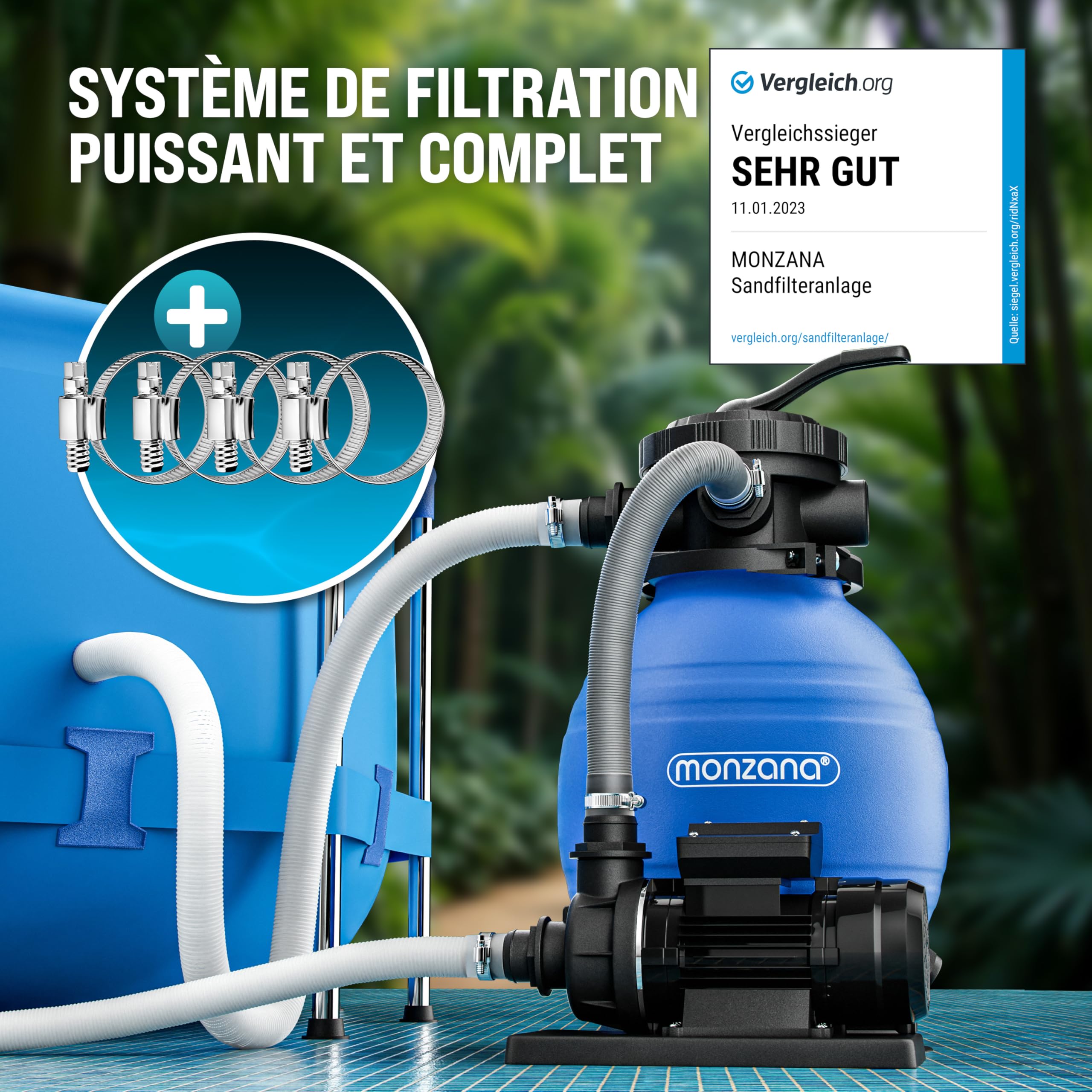 Pompe de filtration à sable piscine 10,2 m³/h auto-amorçante avec réservoir 25 L vanne 7 voies raccords 32 38 mm