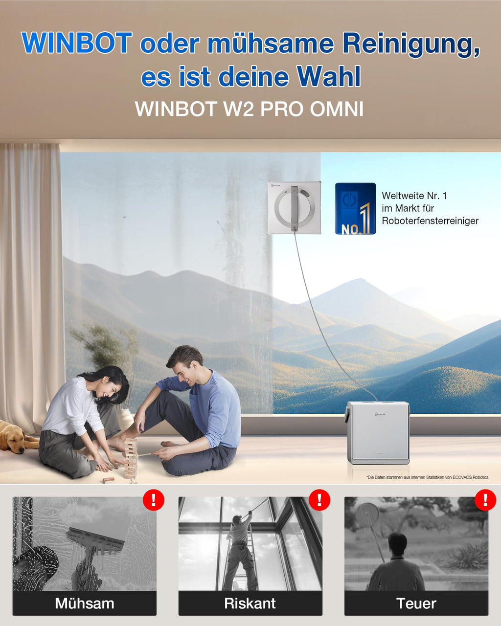Fensterputzroboter WINBOT W2 PRO Omni mit 6-in-1 Multifunktionsstation und 12-stufigem Schutzsystem, weiß