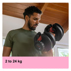 Verstellbare Hantel mit 15 Gewichtsstufen von 2 bis 24 kg, SelectTech Drehgriff-System und Ablageschale für Krafttraining zuhause
