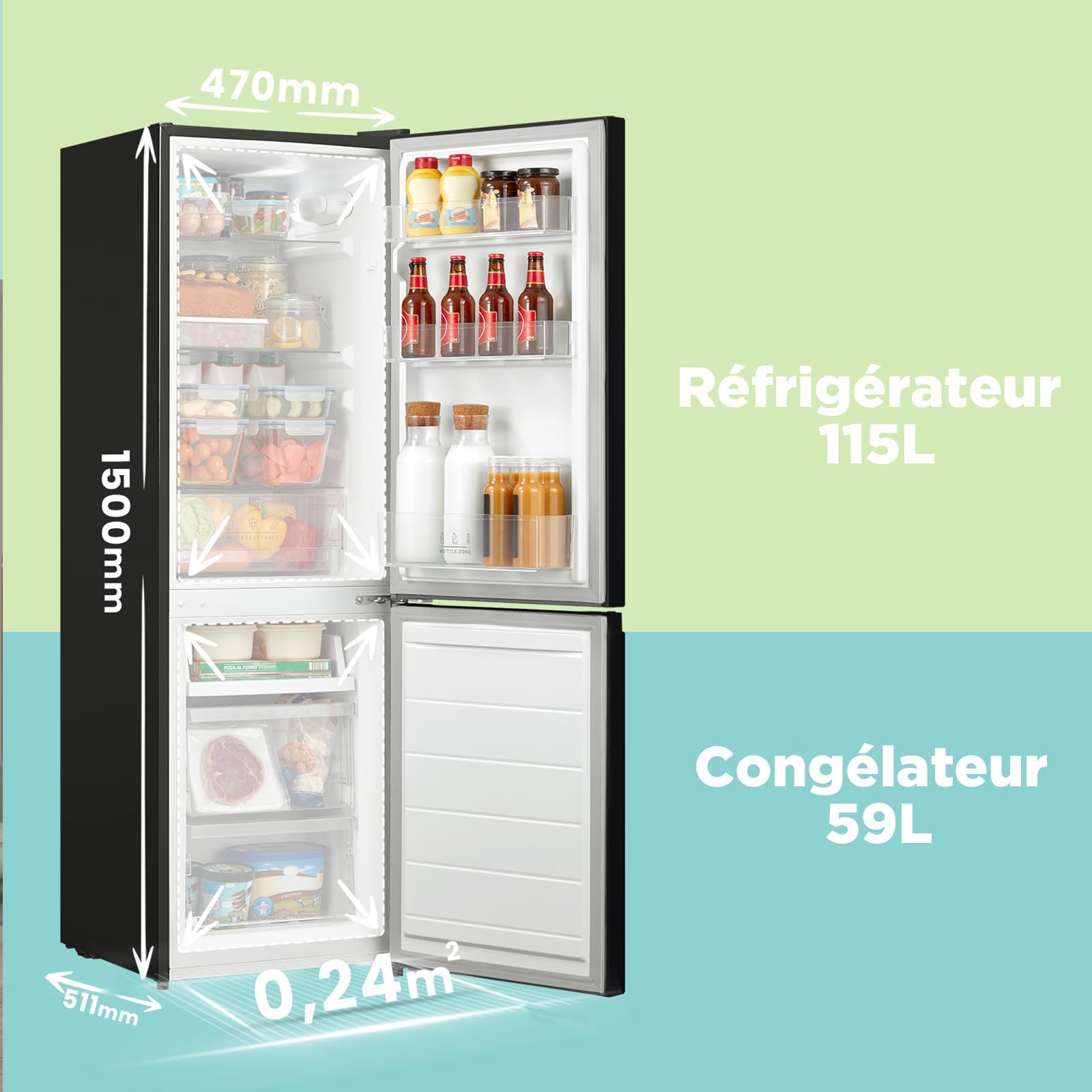 Réfrigérateur congélateur RCB169DK2(E) 174L 2 portes 115L réfrigérateur 59L congélateur Low Frost éclairage LED
