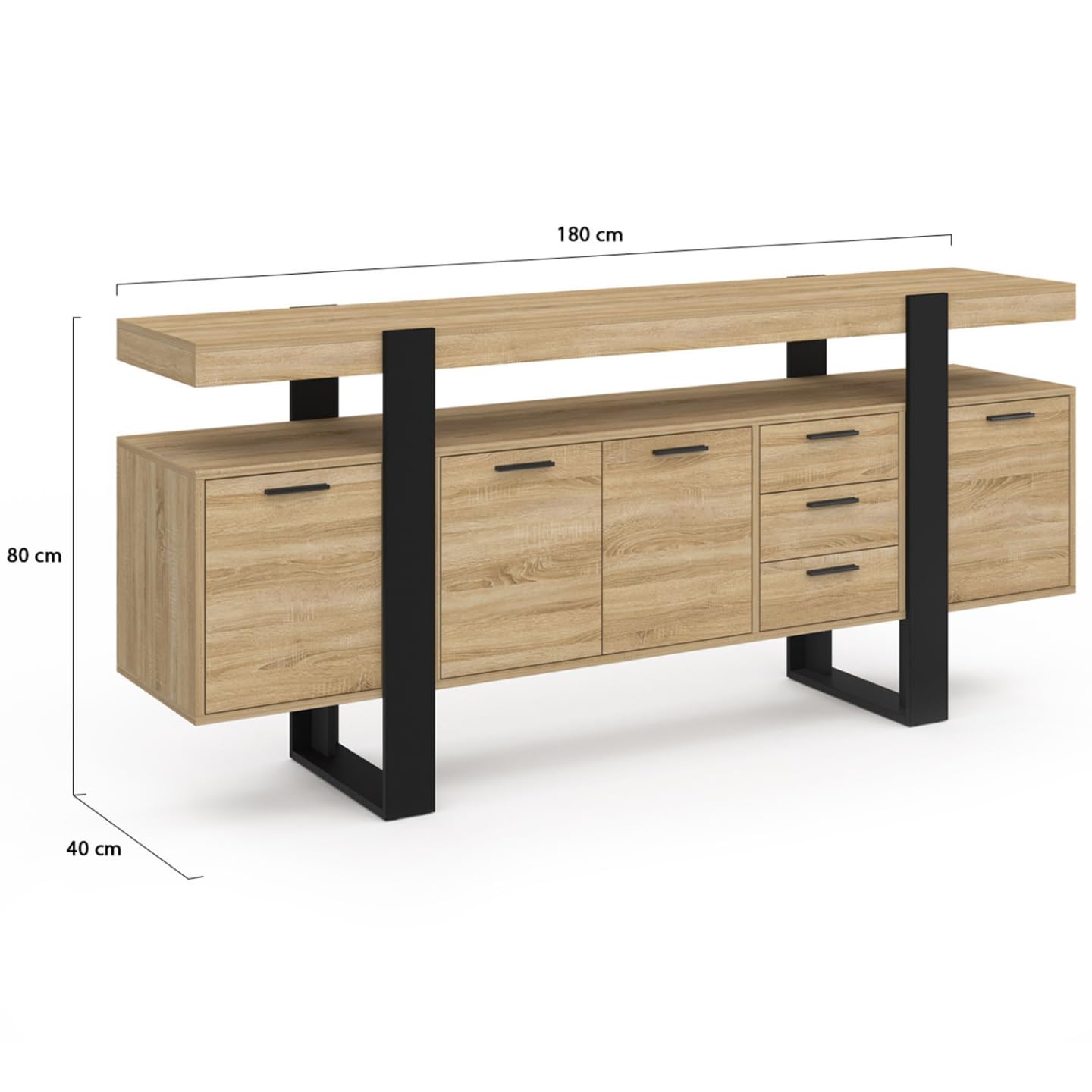 Buffet Phoenix XXL 180 cm avec 4 portes 3 tiroirs et étagères réglables en bois et noir style industriel