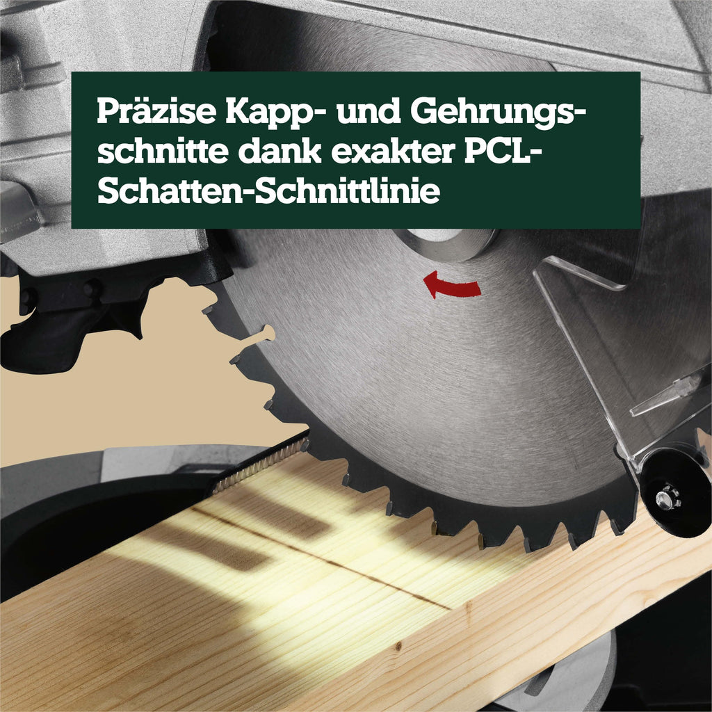 Kapp- und Gehrungssäge KGS 254 M mit Zugfunktion und 254 mm Sägeblatt, inkl. Materialklemme und Spänefangsack
