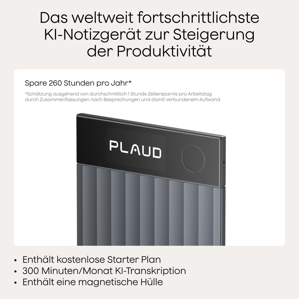 KI-Diktiergerät Note Pro 64 GB 50 Std. Akkulaufzeit 4 MEMS- und 1 VPU-Mikrofon mit KI-Beamforming Magnet-Case und Ladekabel