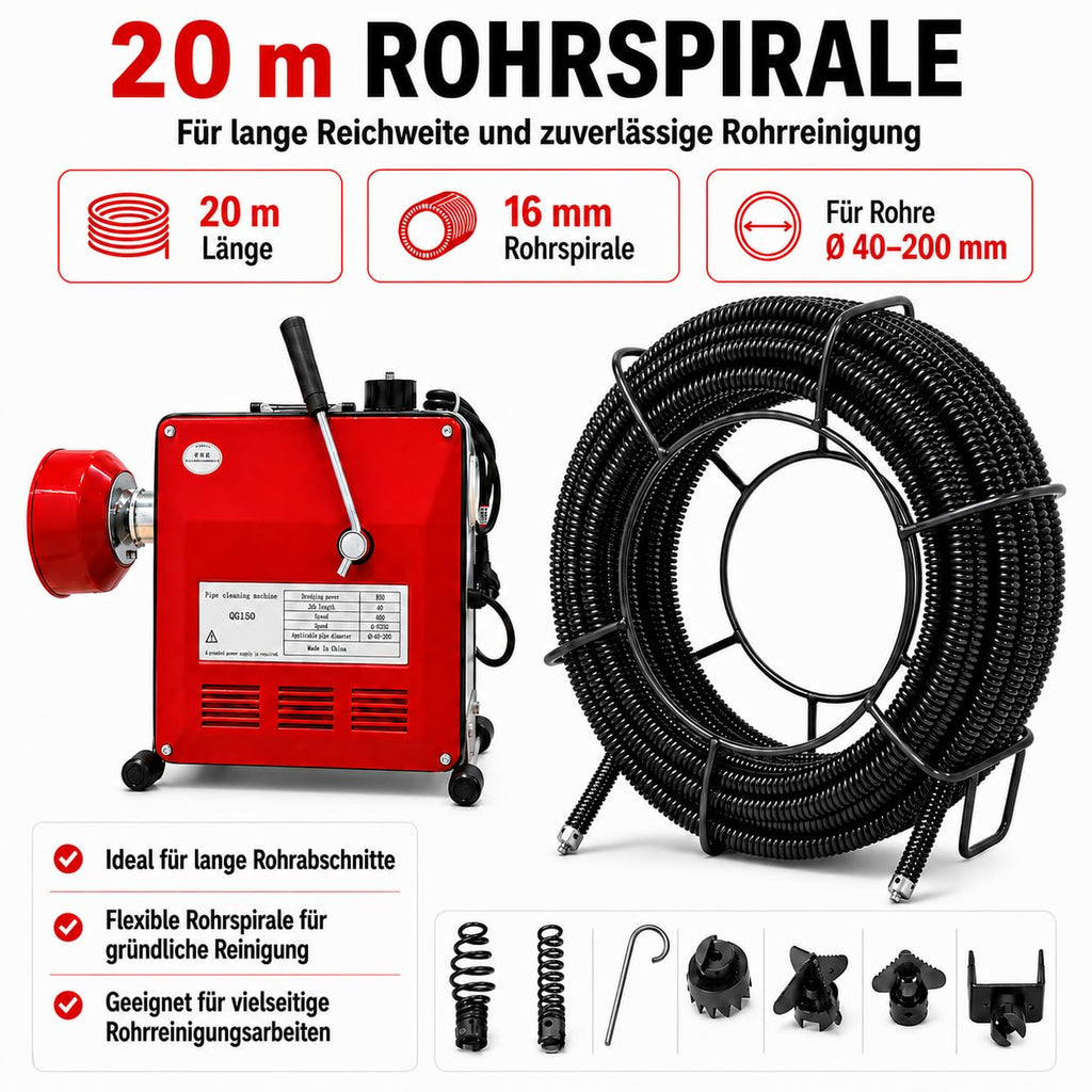 Rohrreinigungsmaschine 850W mit 400 U/min Ausgangsdrehzahl für Rohre Ø40–200 mm, inkl. 20 m Spirale, Biegespirale und 6 Reinigungsköpfen