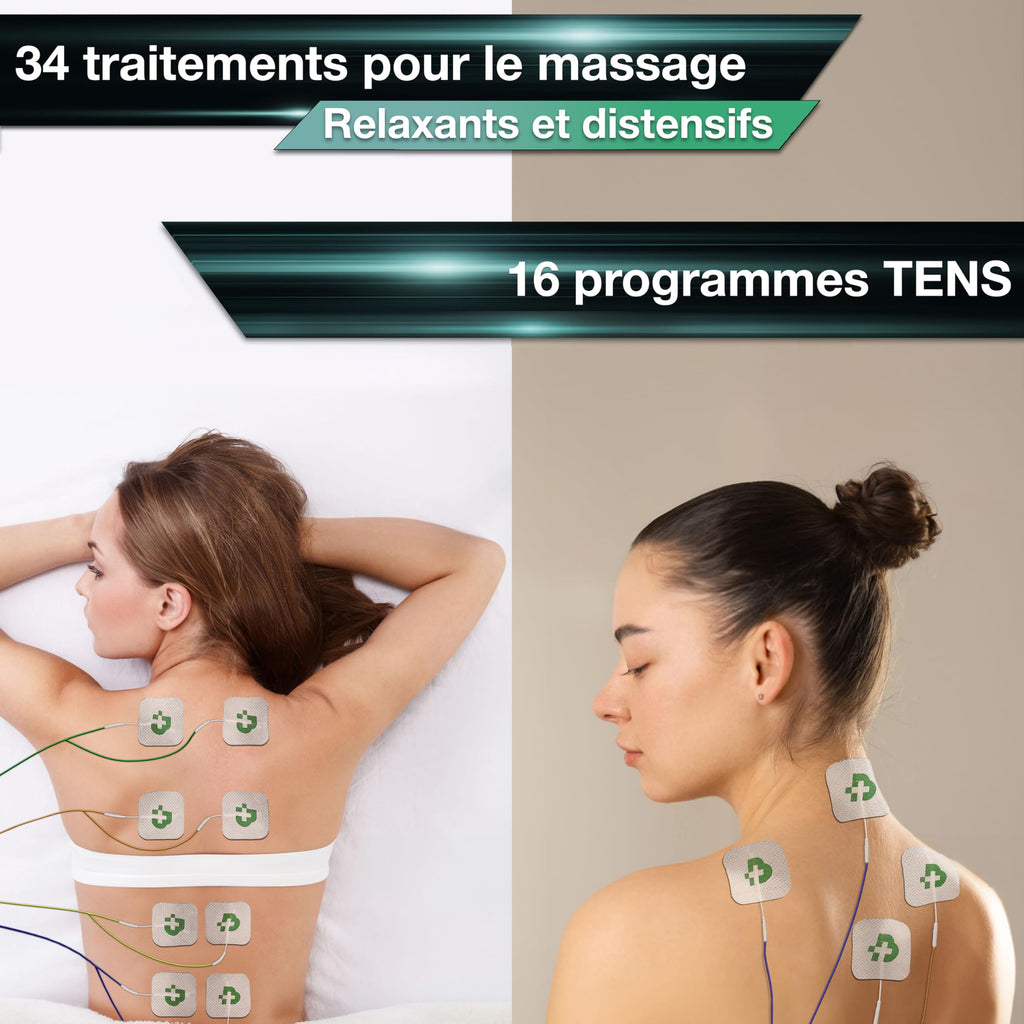 Électrostimulateur musculaire TENS EMS Max 830 4 canaux 115 programmes 20 électrodes incluses rechargeable