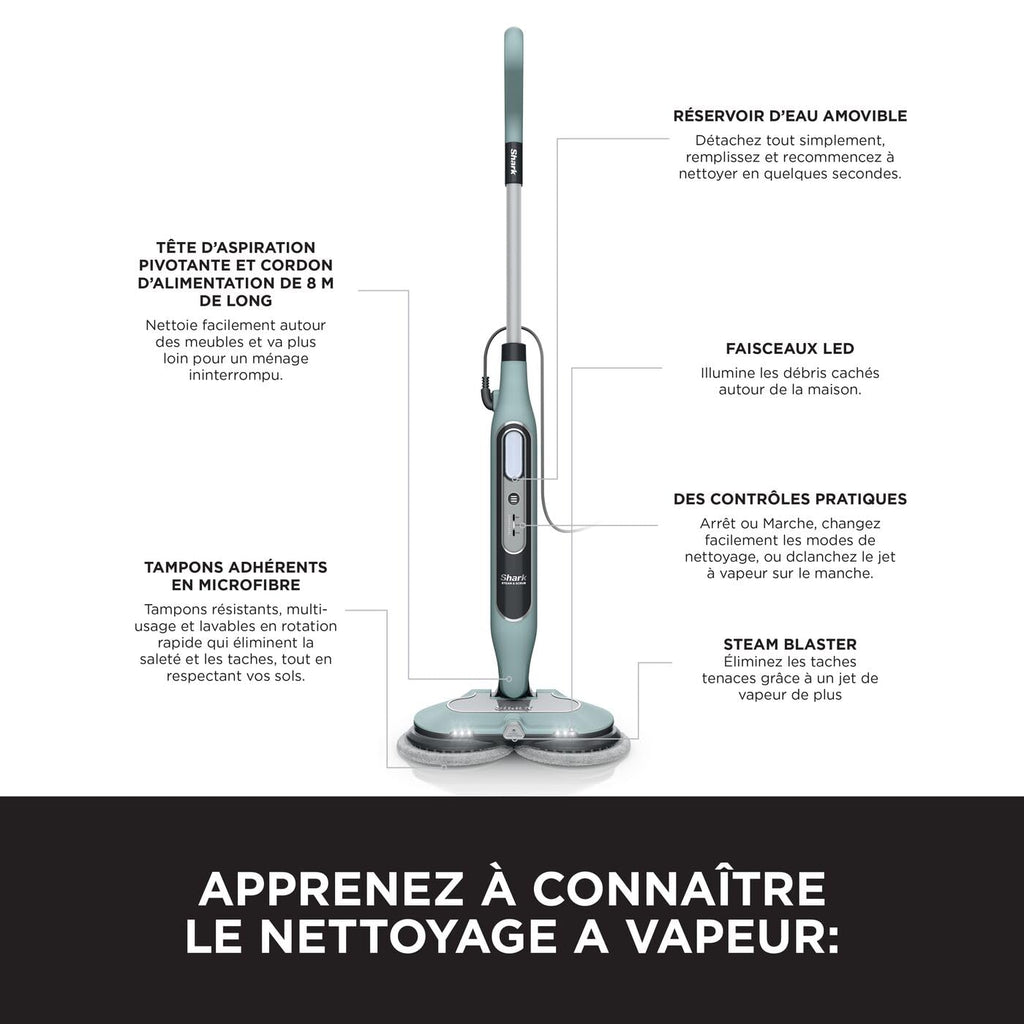 Balai vapeur Steam Mop S8201EUCP 1120W avec tampons rotatifs microfibres réservoir 350ml pour sols durs