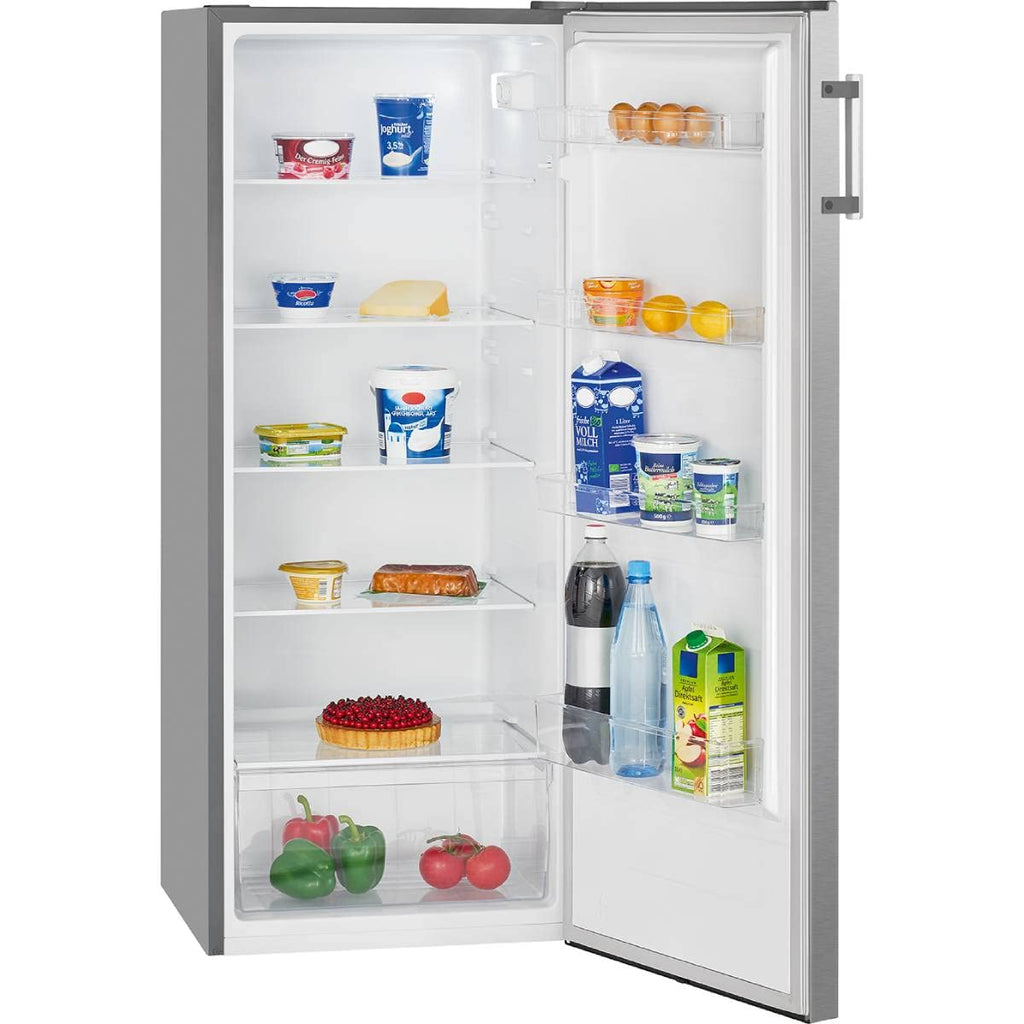 Kühlschrank ohne Gefrierfach 242 L, 143 cm hoch, Energieklasse E, 0 °C bis +8 °C, leise 40 dB, inox