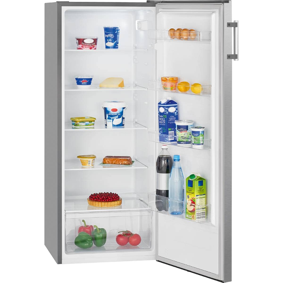 Kühlschrank ohne Gefrierfach 242 L, 143 cm hoch, Energieklasse E, 0 °C bis +8 °C, leise 40 dB, inox