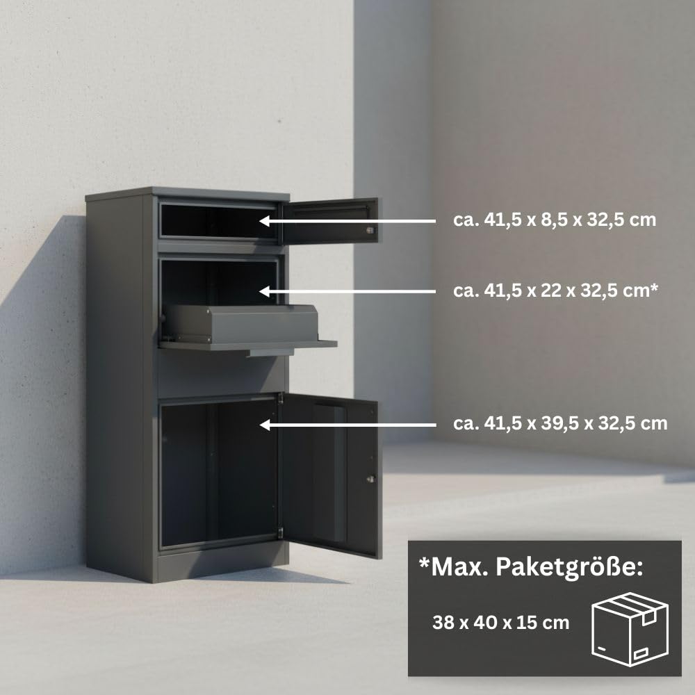 Freistehender Paketbriefkasten XXL mit Paketfach und Briefkasten, abschließbar, anthrazit, 112 cm hoch, inkl. 2 Schlüssel pro Schloss und Bodendübel