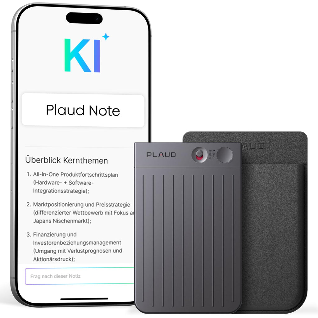 KI-Diktiergerät Plaud Note mit 64 GB, 30 Std. Aufnahme und magnetischer Hülle in Schwarz