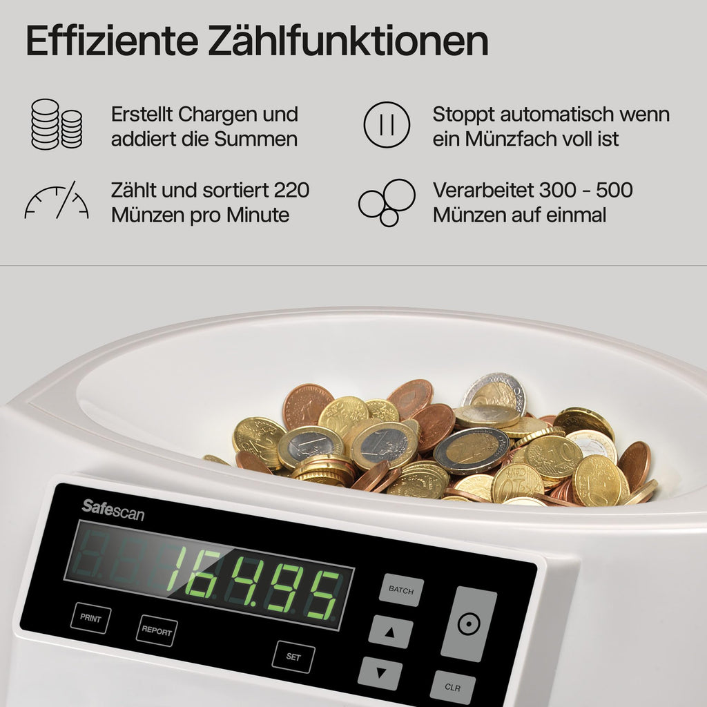 Münzzähler und Sortierer für Euro-Münzen 1250 mit Stapel- und Münzrollen-Funktion automatischer Stopp bei vollem Münzbehälter