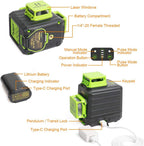 Niveau laser vert autonivelant B03CG Pro 3 x 360° avec batterie rechargeable Li-ion 5200mAh USB-C mode pulsé et étui de transport