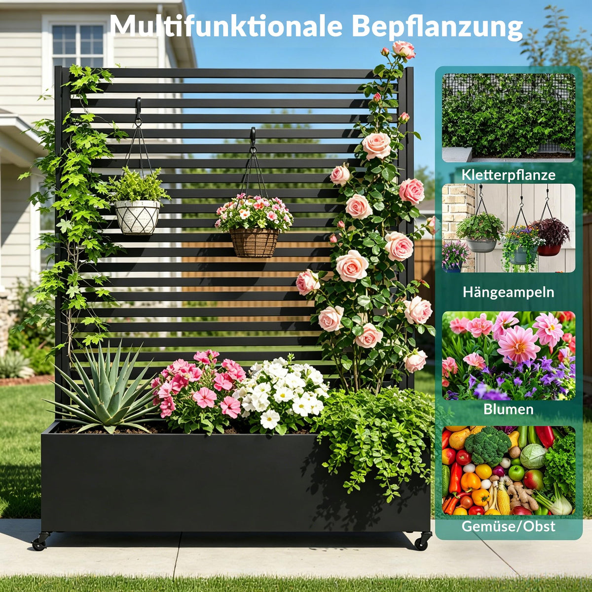 Hochbeet aus Metall mit Spalier und Rädern für Außenbereich, Pflanzkasten mit Entwässerungslöchern für Blumen und Gemüse