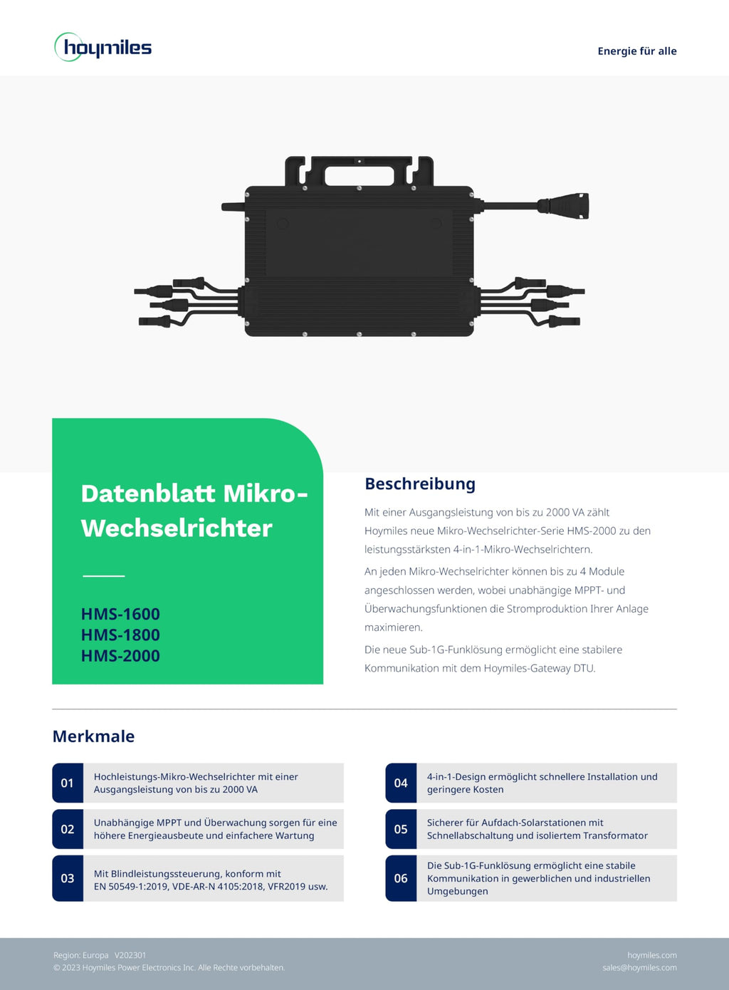 Mikrowechselrichter HMS-2000-4T für 4 Solarmodule, 2000 VA mit 2400 W Spitzenleistung und IP67 für Balkonkraftwerk