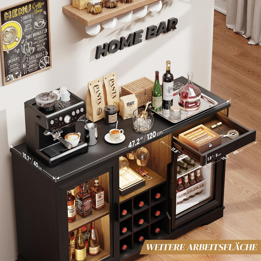 Barschrank mit Kühlschrank in Schwarz, 120 cm breit mit 9 Weinregalen, LED-Beleuchtung und Bewegungssensor