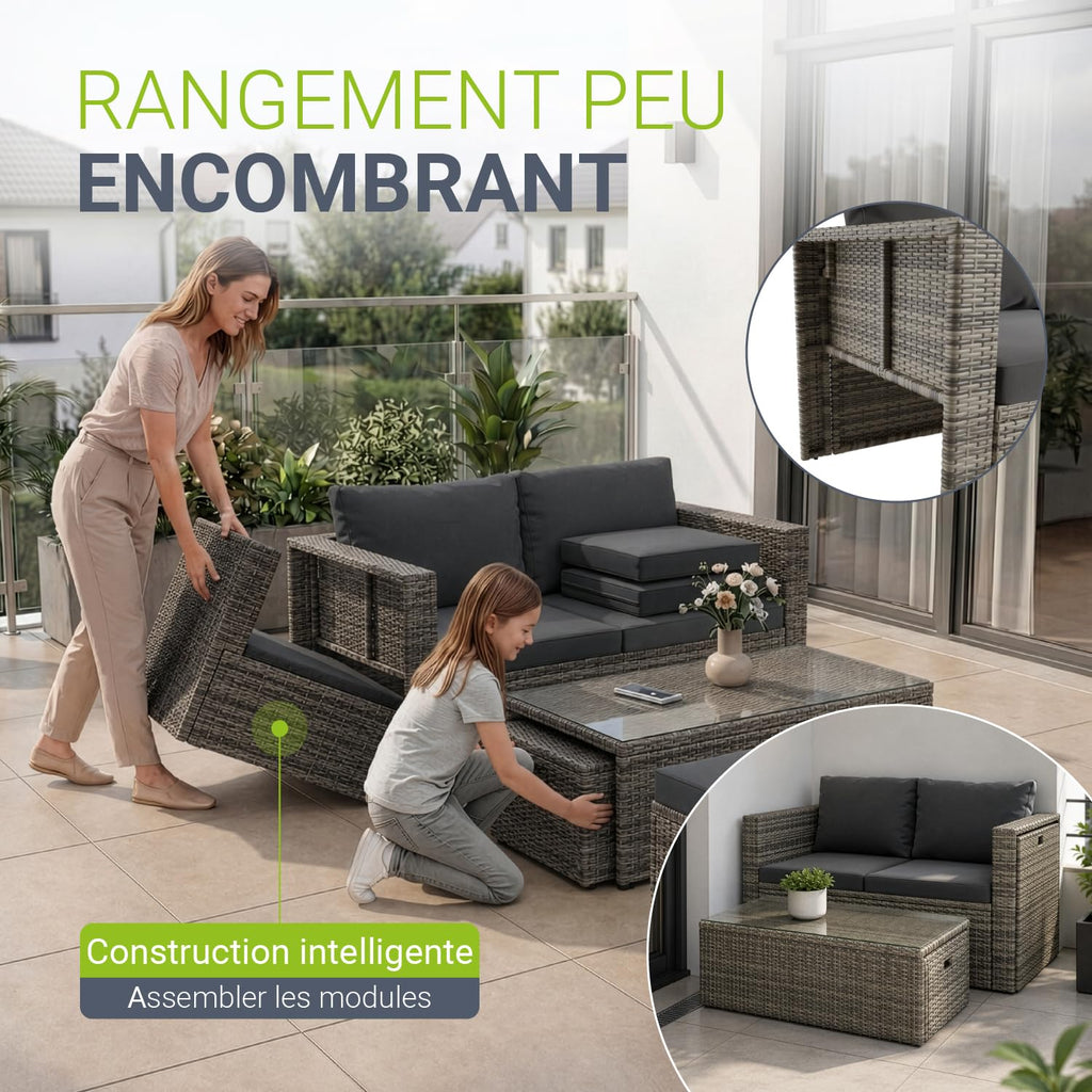 Salon de jardin lounge Salou polyrotin 6 personnes table coussins gris modèle 300862
