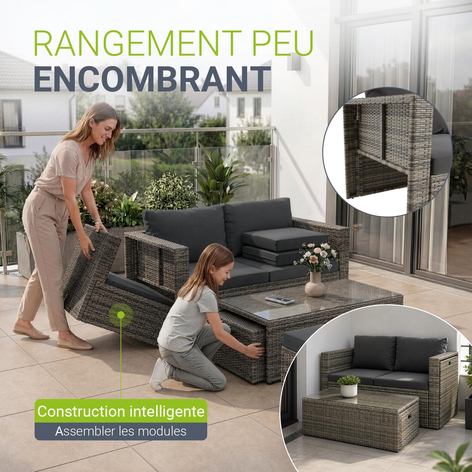 Salon de jardin lounge Salou polyrotin 6 personnes table coussins gris modèle 300862